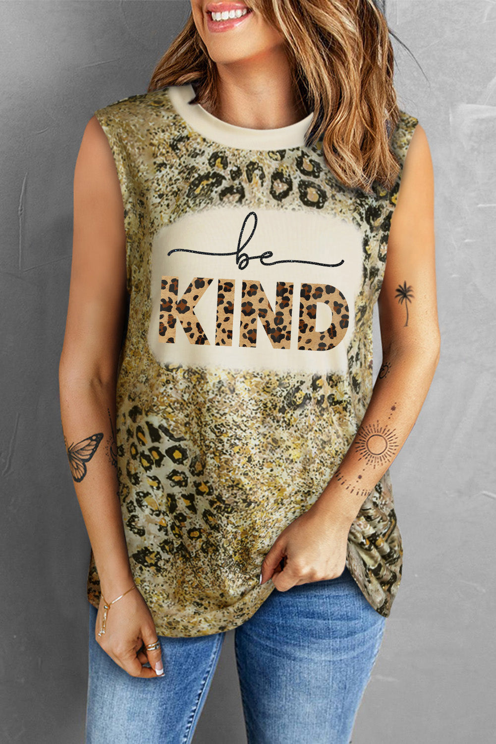 BE KIND Graphic Leopard Round Neck Tank-Teresa&#39;s Fashionista LLC