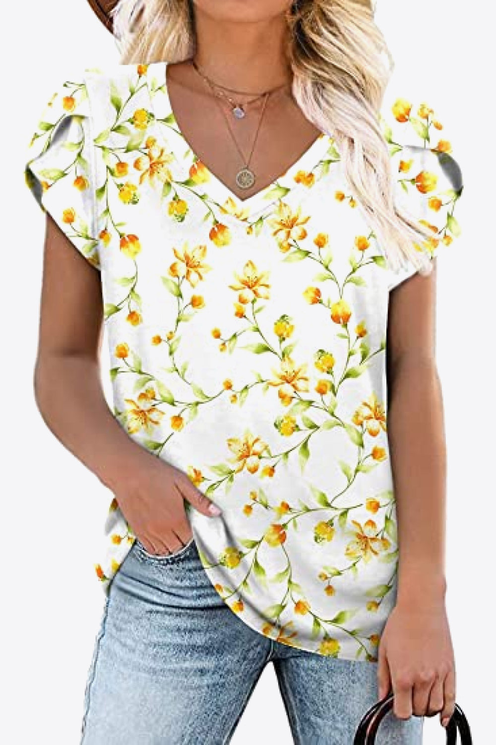 Printed Petal Sleeve V-Neck Blouse-Teresa&#39;s Fashionista LLC