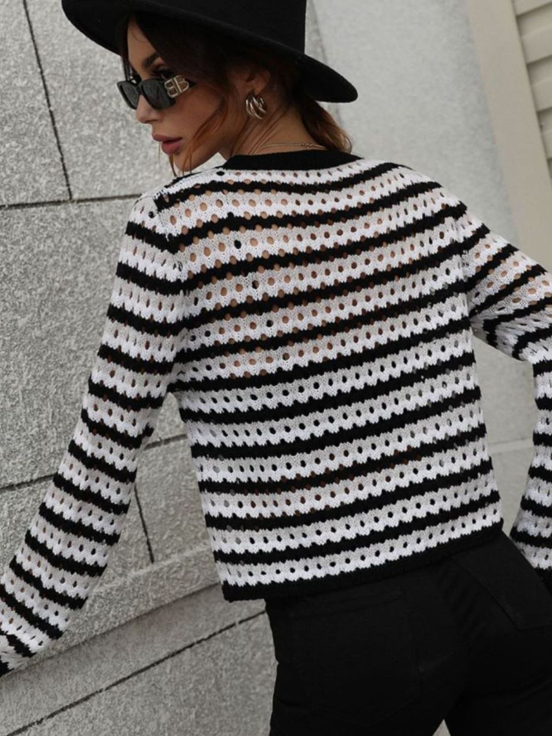 Striped Openwork Long-Sleeve Knit Pullover-Teresa&#39;s Fashionista LLC