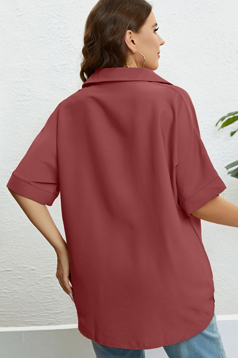 Plus Size Collared Half Sleeve Hem Detail Top-Teresa&#39;s Fashionista LLC