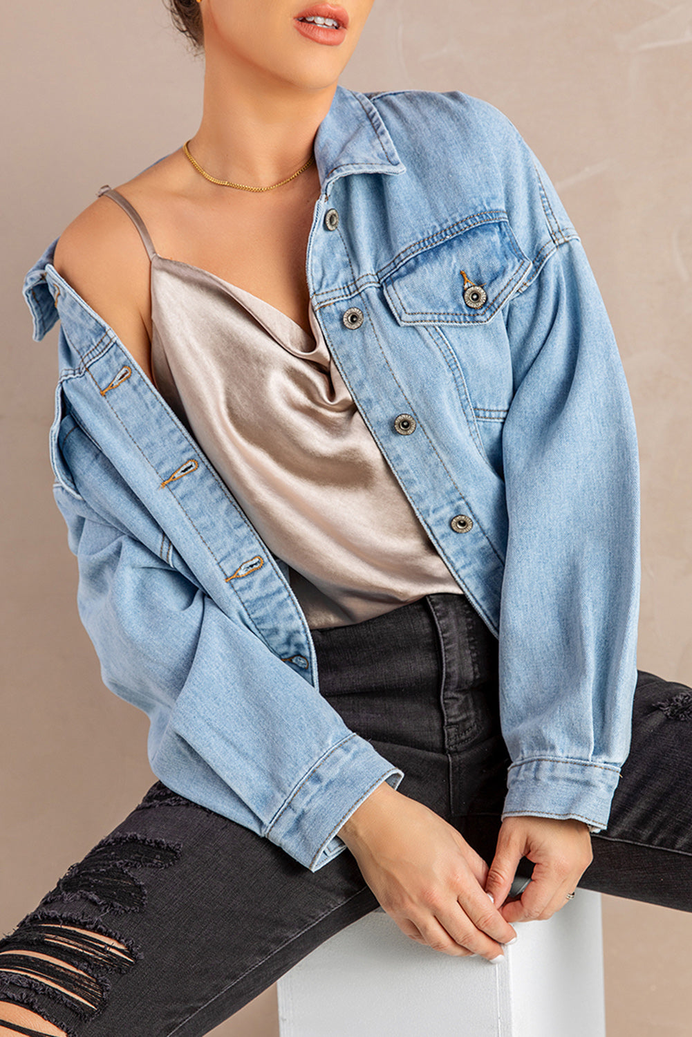 Button Down Dropped Shoulder Denim Jacket-Teresa&#39;s Fashionista LLC