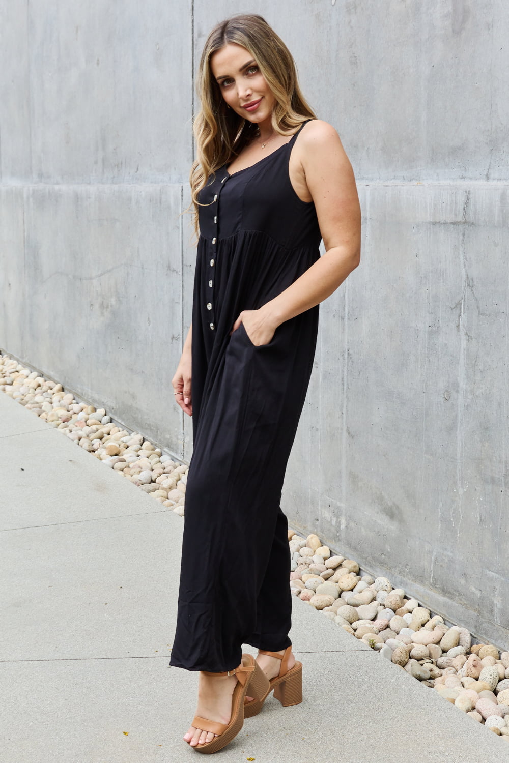 HEYSON All Day Full Size Wide Leg Button Down Jumpsuit in Black-Teresa&#39;s Fashionista LLC