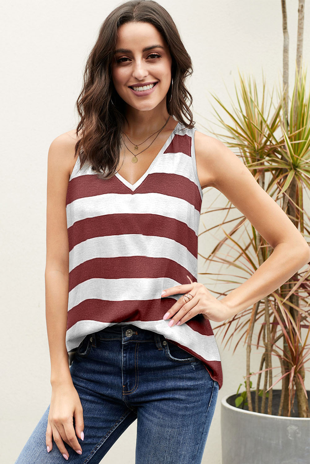 Striped V-Neck Tank-Teresa&#39;s Fashionista LLC