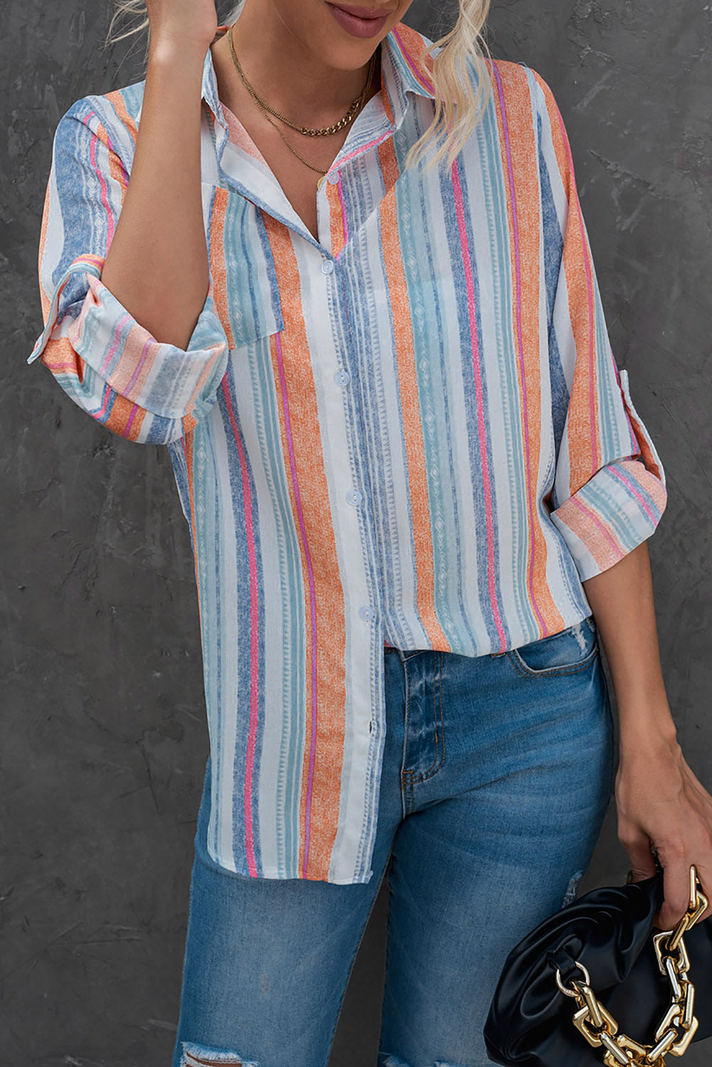 Striped Button-Up Curved Hem Shirt with Breast Pocket-Teresa&#39;s Fashionista LLC