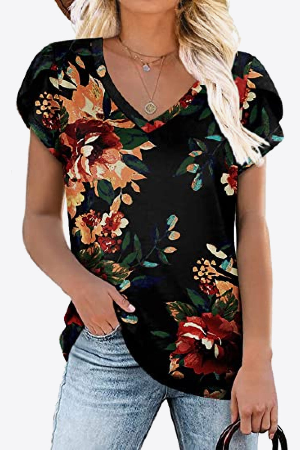 Printed Petal Sleeve V-Neck Blouse-Teresa&#39;s Fashionista LLC