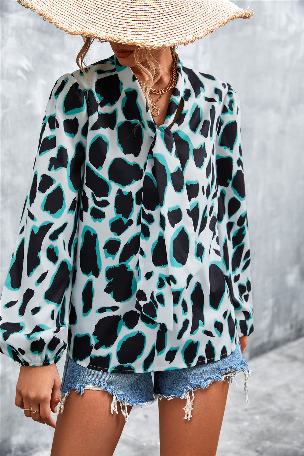 Printed Tie Neck Puff Sleeve Blouse-Teresa&#39;s Fashionista LLC