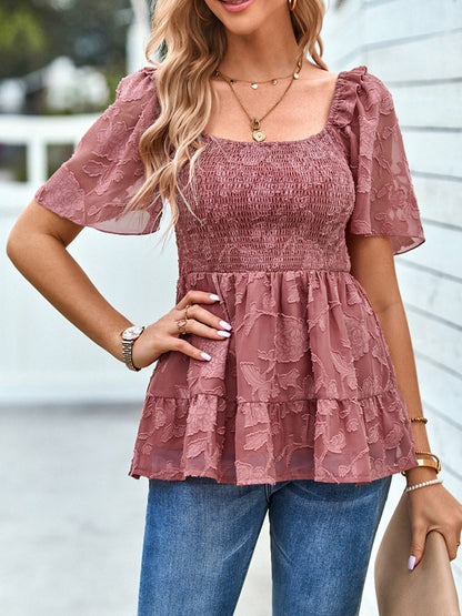 Smocked Square Neck Babydoll Blouse-Teresa&#39;s Fashionista LLC