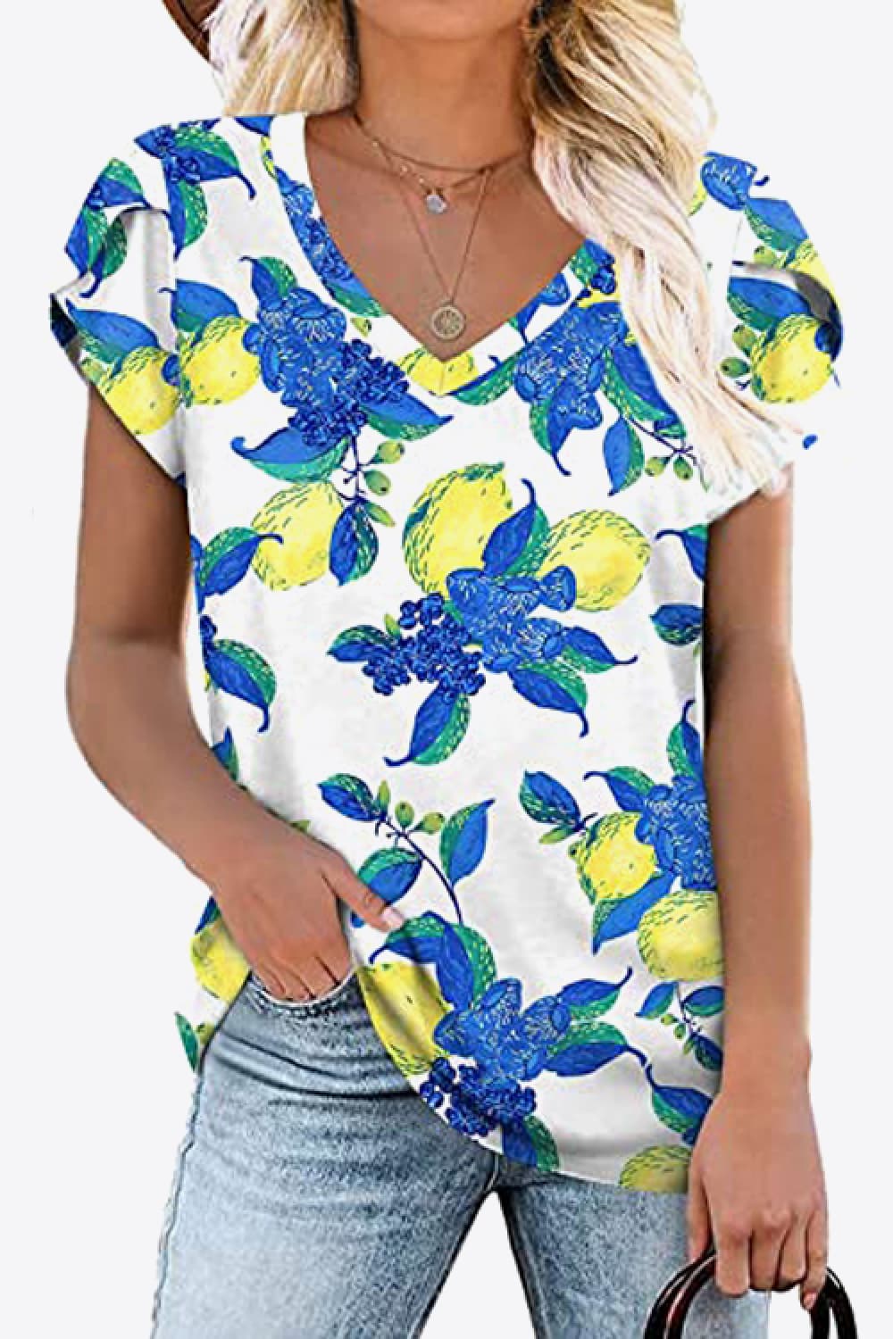 Printed Petal Sleeve V-Neck Blouse-Teresa&#39;s Fashionista LLC