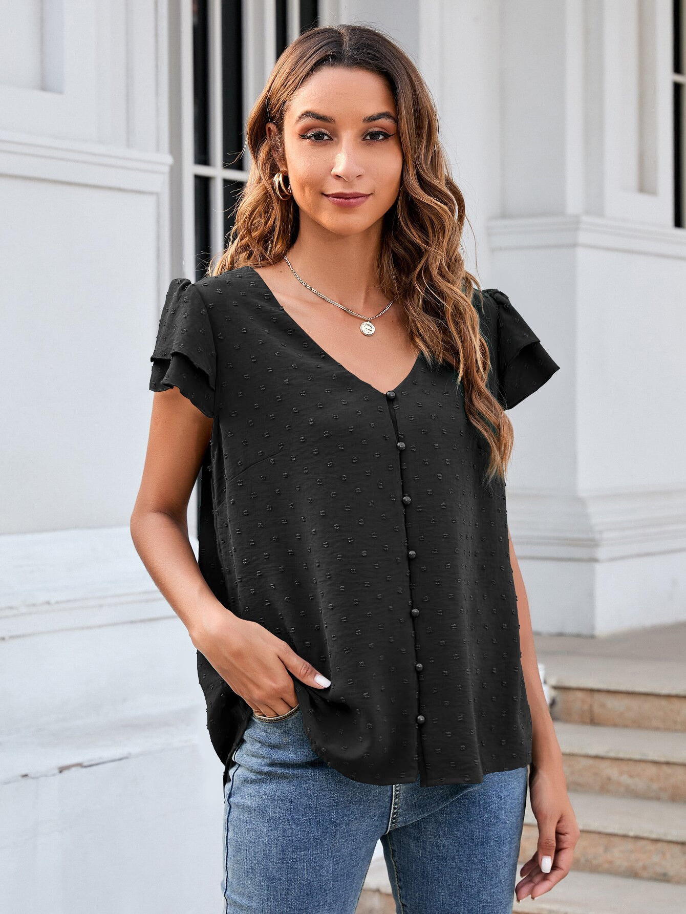 Swiss Dot Layered Flutter Sleeve Shirt-Teresa&#39;s Fashionista LLC