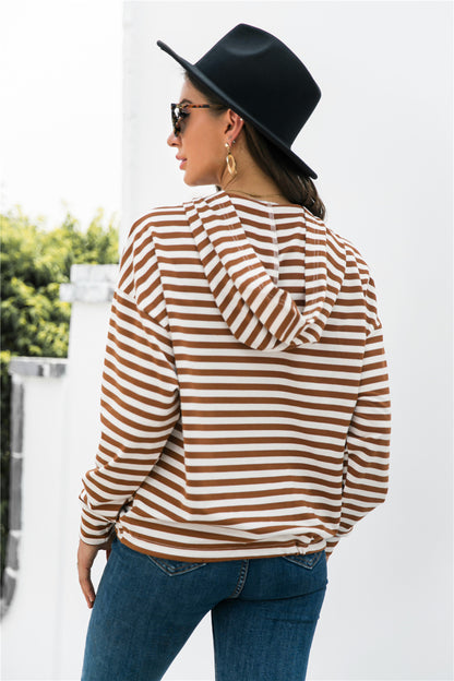 Striped Half-Button Dropped Shoulder Hoodie-Teresa&#39;s Fashionista LLC