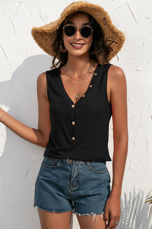 Buttoned Deep V Tank-Teresa&#39;s Fashionista LLC