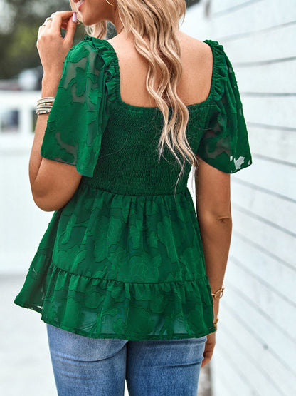 Smocked Square Neck Babydoll Blouse-Teresa&#39;s Fashionista LLC