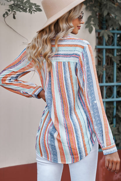 Striped Button-Up Curved Hem Shirt with Breast Pocket-Teresa&#39;s Fashionista LLC