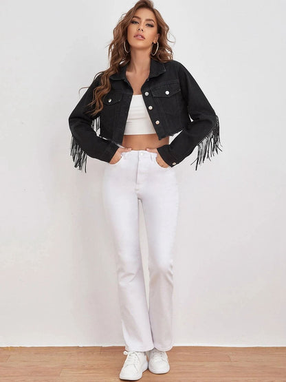 Fringe Detail Collared Neck Cropped Denim Jacket-Teresa&#39;s Fashionista LLC