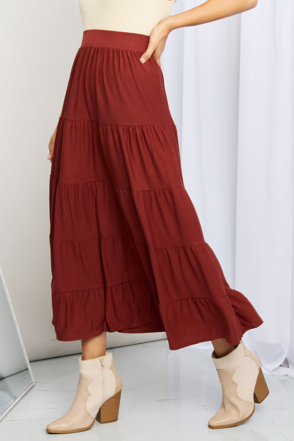 Zenana Full Size Wide Waistband Tiered Midi Skirt-Teresa&#39;s Fashionista LLC