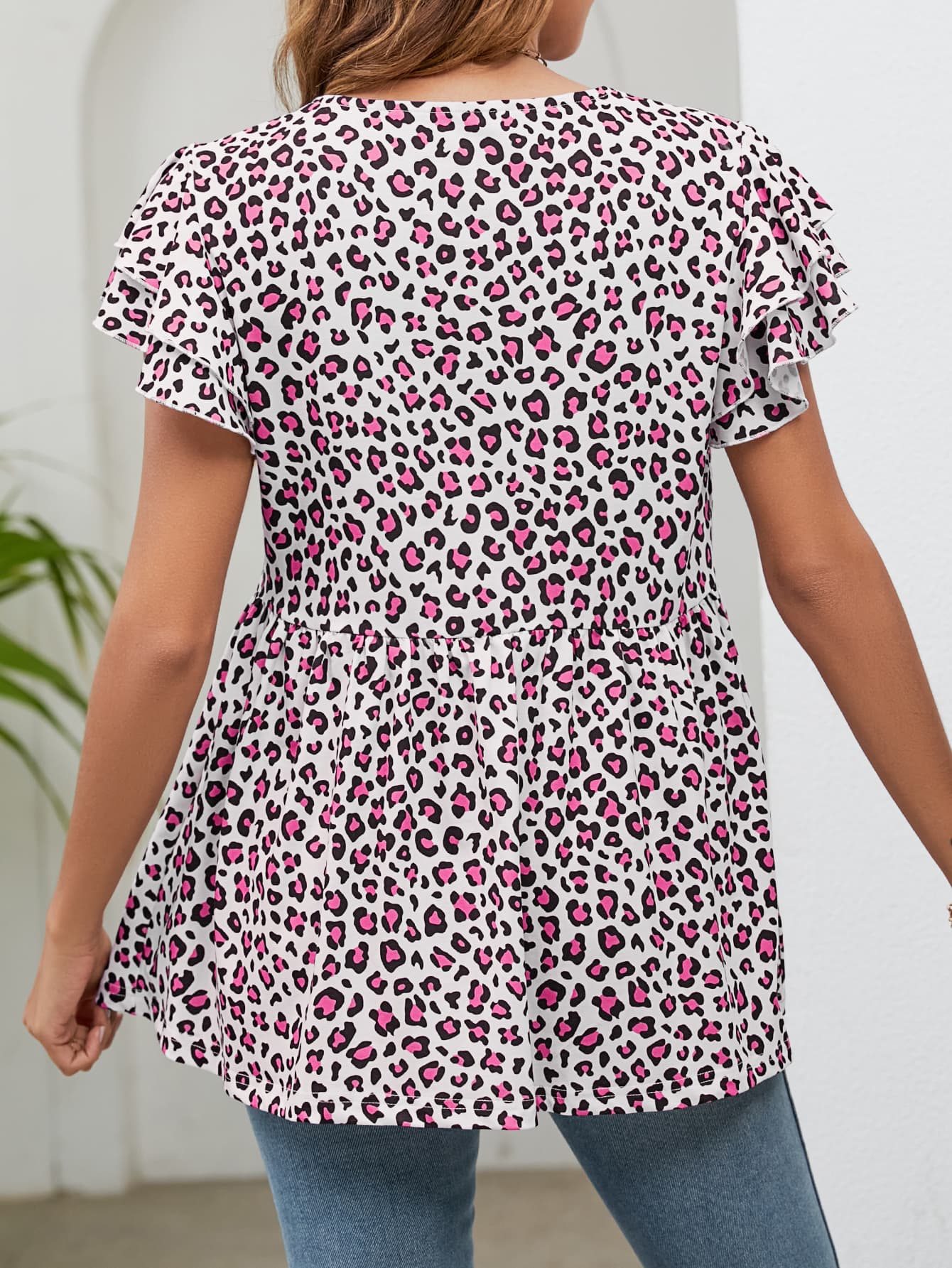 Leopard Round Neck Flutter Sleeve Babydoll Blouse-Teresa&#39;s Fashionista LLC