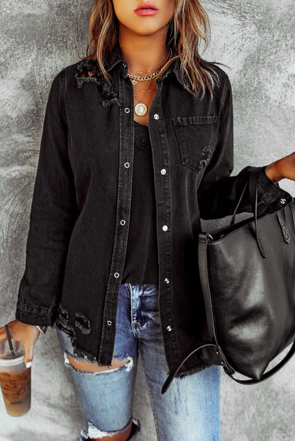 Distressed Snap Down Denim Jacket-Teresa&#39;s Fashionista LLC