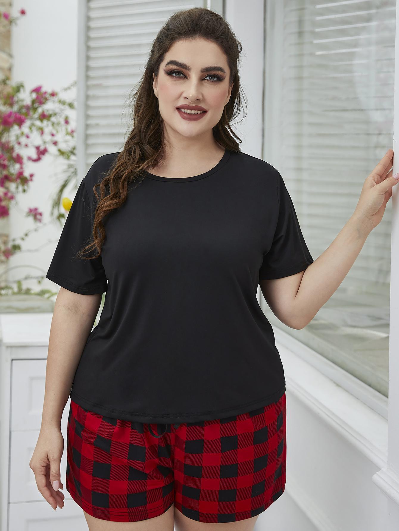 Plus Size Round Neck Tee Shirt and Plaid Shorts Lounge Set-Teresa&#39;s Fashionista LLC