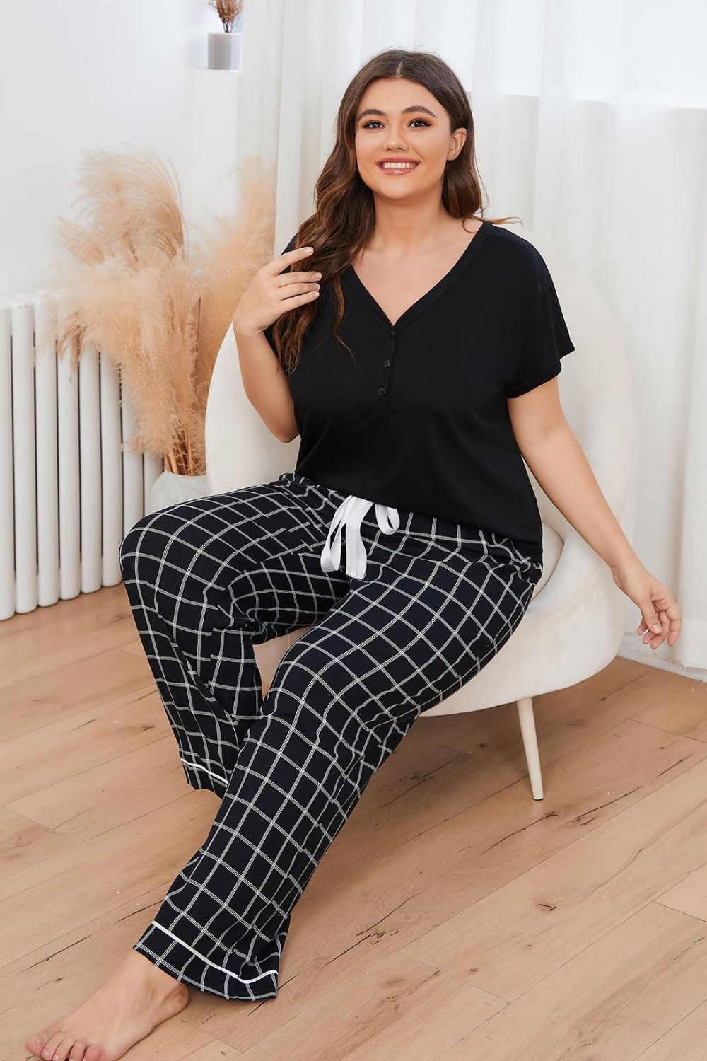 Plus Size V-Neck Top and Plaid Pants Lounge Set-Teresa&#39;s Fashionista LLC