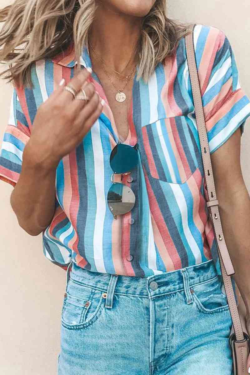 Striped Collared Neck Button-down Pocketed Top-Teresa&#39;s Fashionista LLC