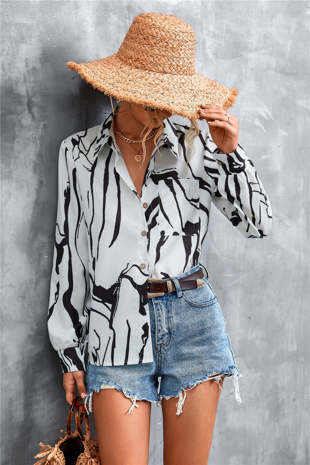 Printed Button Down Long Sleeve Shirt-Teresa&#39;s Fashionista LLC