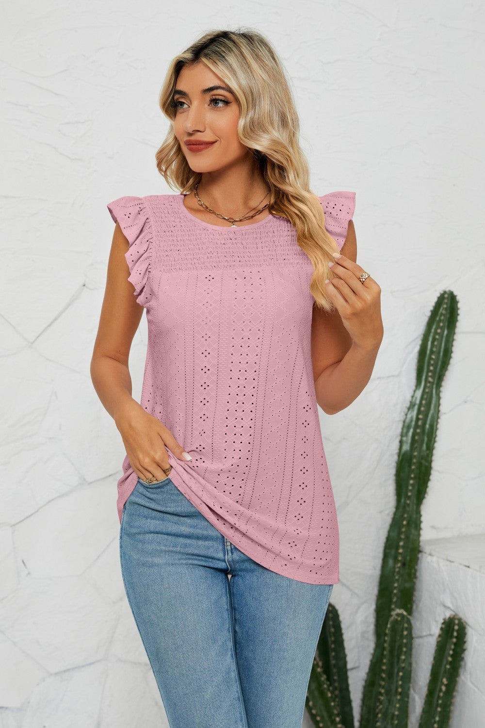 Smocked Round Neck Eyelet Top-Teresa&#39;s Fashionista LLC