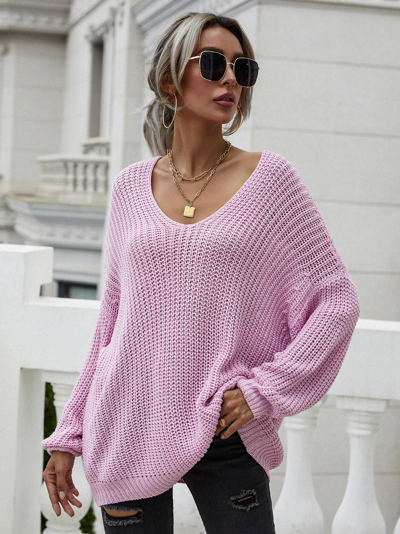 Rib-Knit Drop Shoulder V-Neck Pullover Sweater-Teresa&#39;s Fashionista LLC