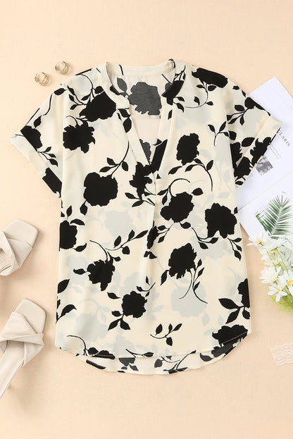 Floral Notched Neck Cuffed Short Sleeve Blouse-Teresa&#39;s Fashionista LLC