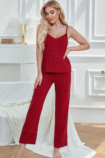 Gingham V-Neck Cami and Tied Pants Lounge Set-Teresa&#39;s Fashionista LLC