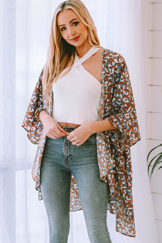 Printed Open Front Three-Quarter Sleeve Cover Up-Teresa&#39;s Fashionista LLC