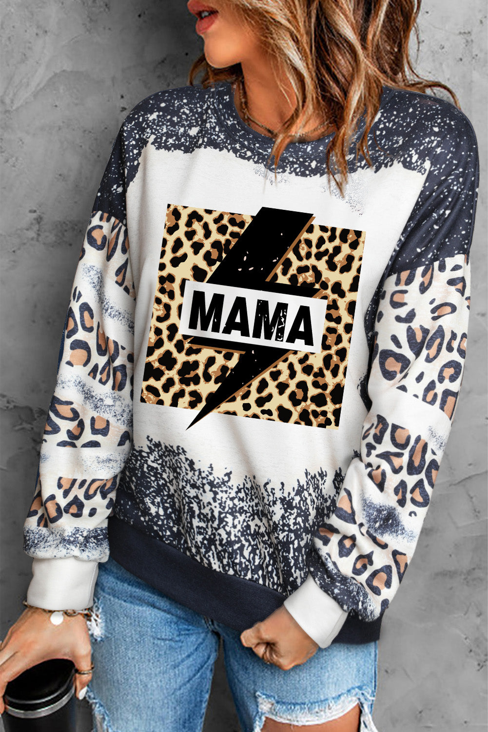 MAMA Lightning Graphic Leopard Sweatshirt-Teresa&#39;s Fashionista LLC