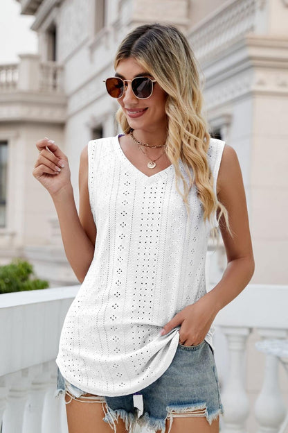 Eyelet V-Neck Tank-Teresa&#39;s Fashionista LLC