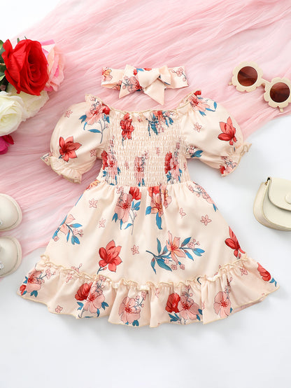 Baby Girl Floral Smocked Frill Trim Dress-Teresa&#39;s Fashionista LLC