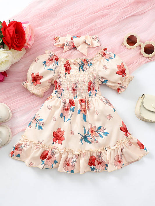 Baby Girl Floral Smocked Frill Trim Dress - Teresa's Fashionista LLC