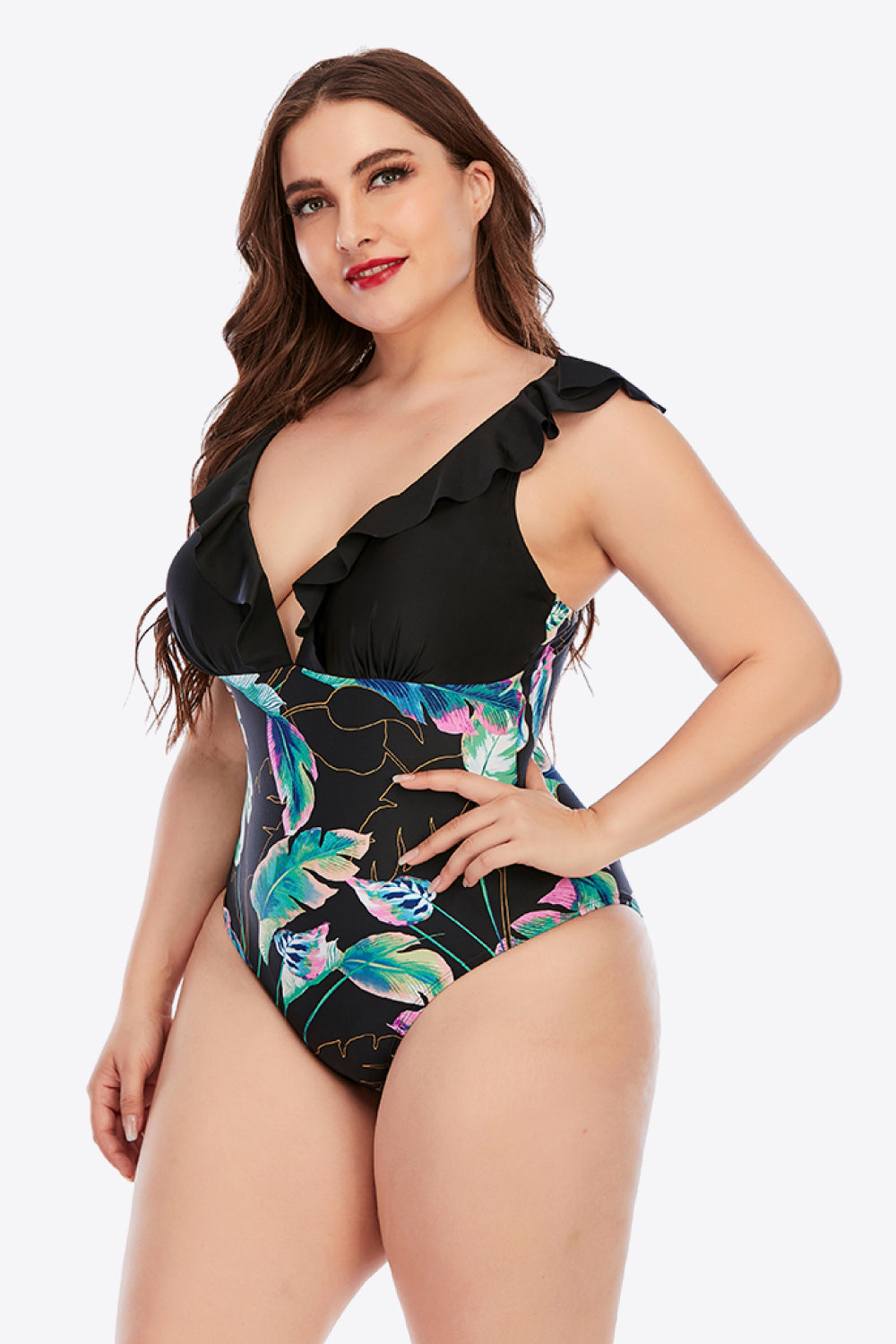 Plus Size Printed Ruffled Deep V One-Piece Swimsuit-Teresa&#39;s Fashionista LLC