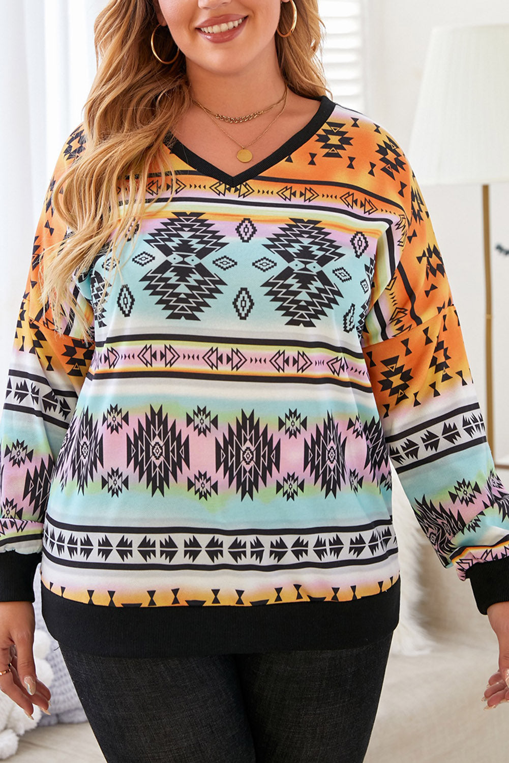 Plus Size Geometric Print V-Neck Long Sleeve Top-Teresa&#39;s Fashionista LLC