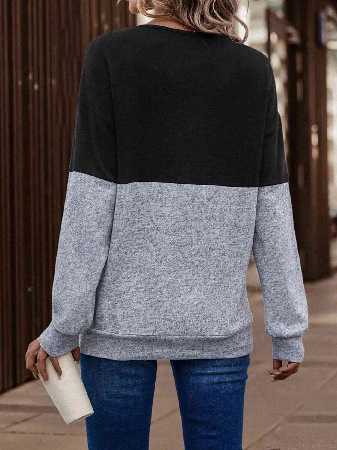 Two-Tone Crisscross Detail Sweatshirt-Teresa&#39;s Fashionista LLC