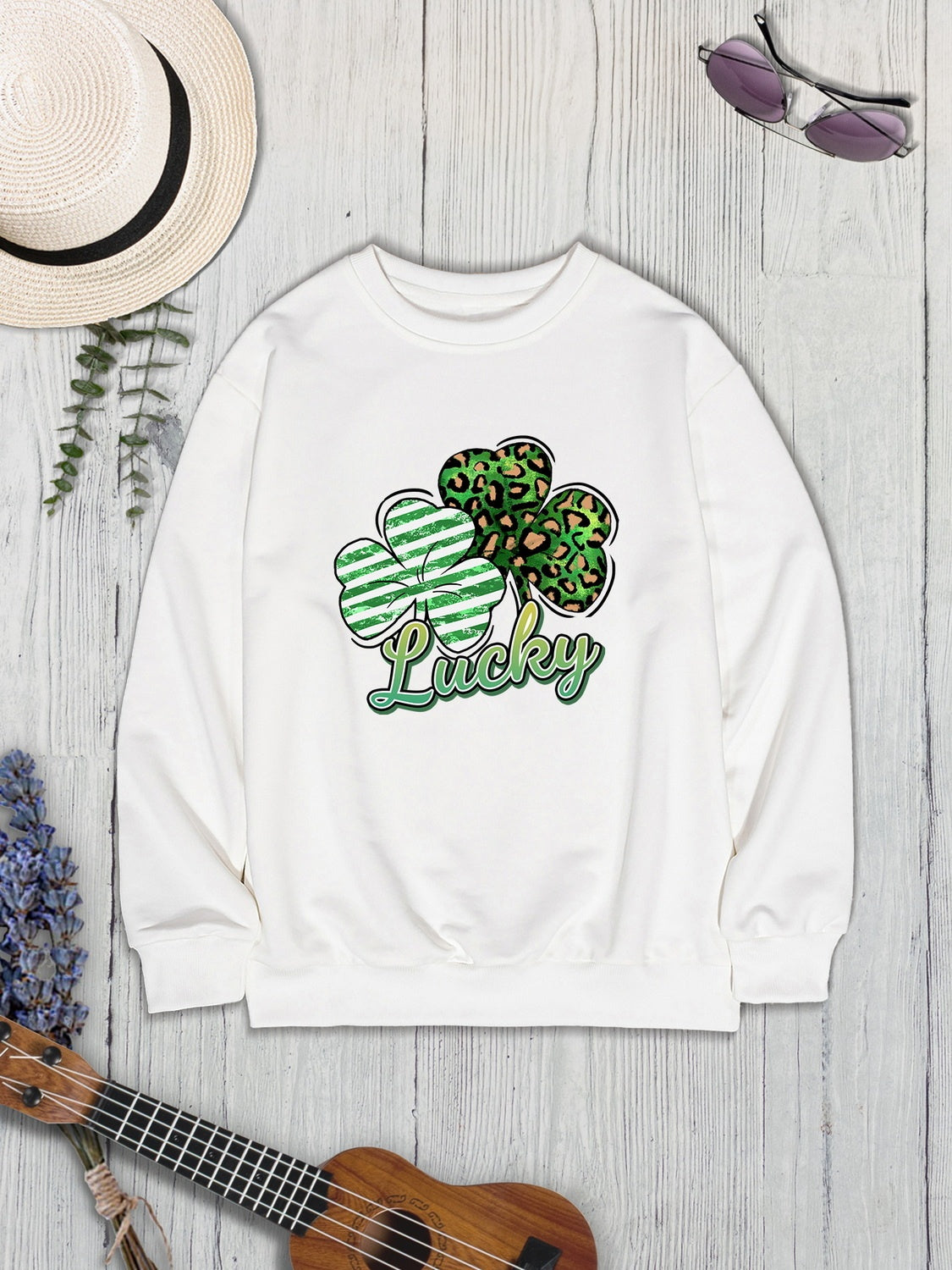 Lucky Clover Round Neck Dropped Shoulder Sweatshirt-Teresa&#39;s Fashionista LLC