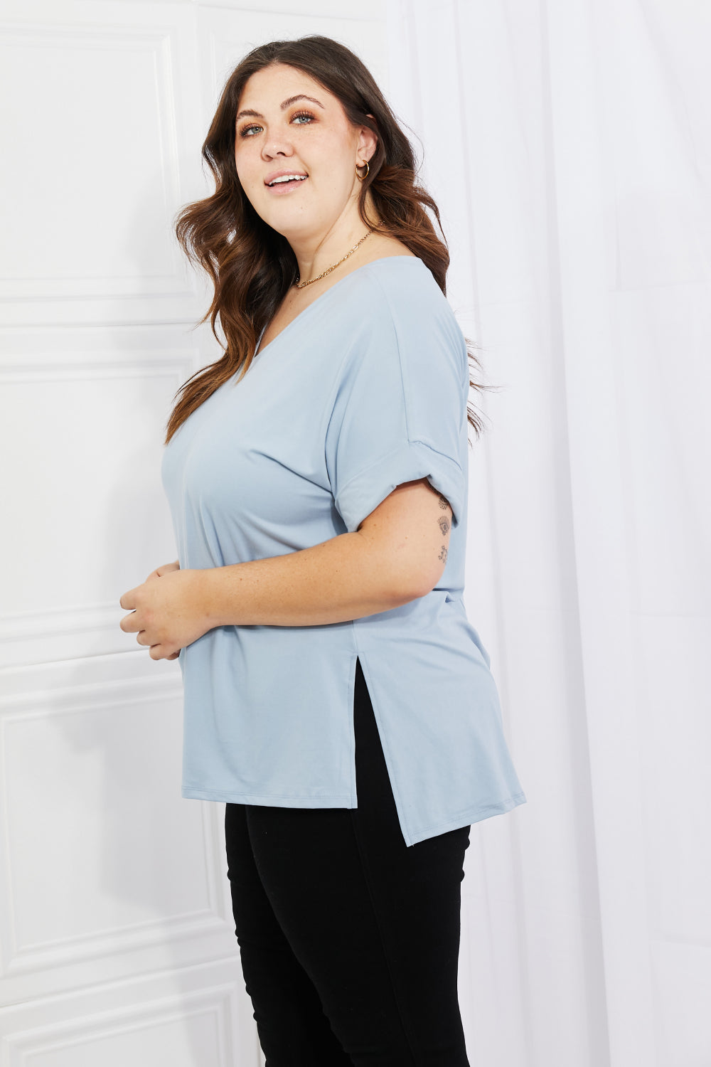 Zenana Simply Comfy Full Size V-Neck Loose Fit Shirt in Blue-Teresa&#39;s Fashionista LLC