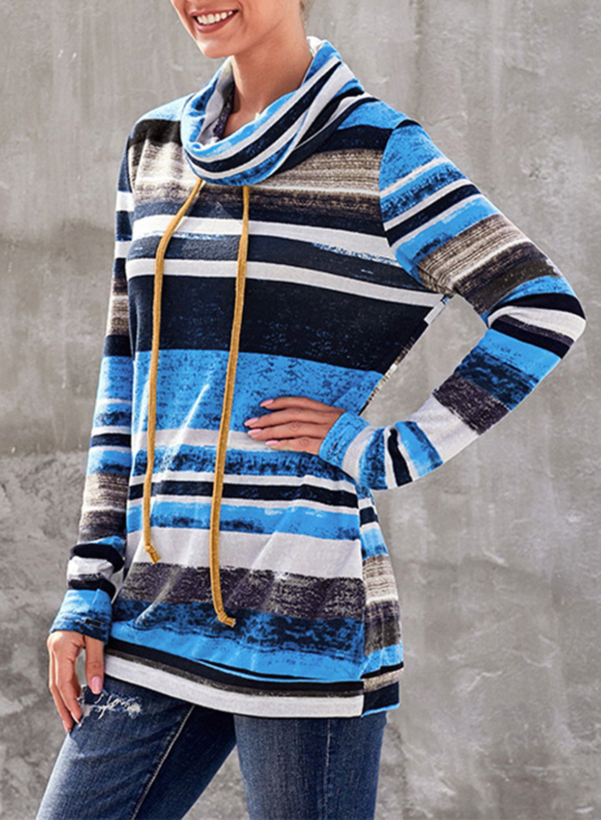 Striped Cowl Neck Tunic Sweatshirt-Teresa&#39;s Fashionista LLC