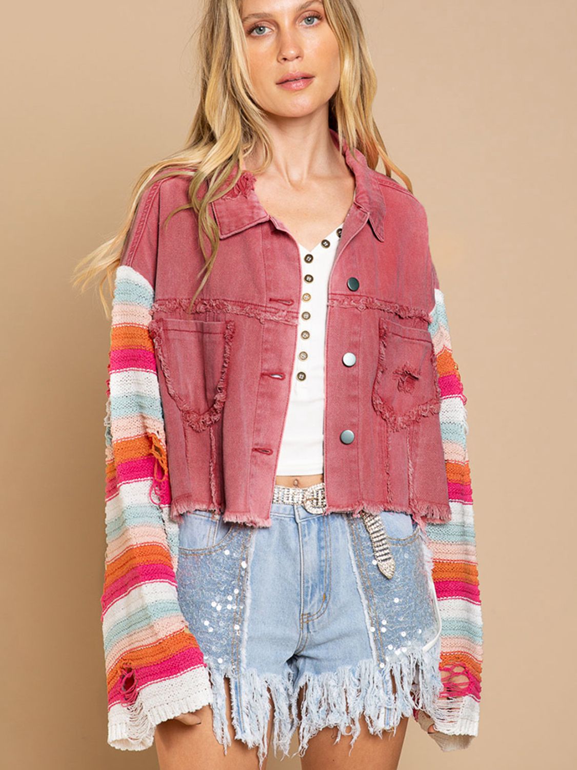 Distressed Striped Long Sleeve Denim Jacket-Teresa&#39;s Fashionista LLC