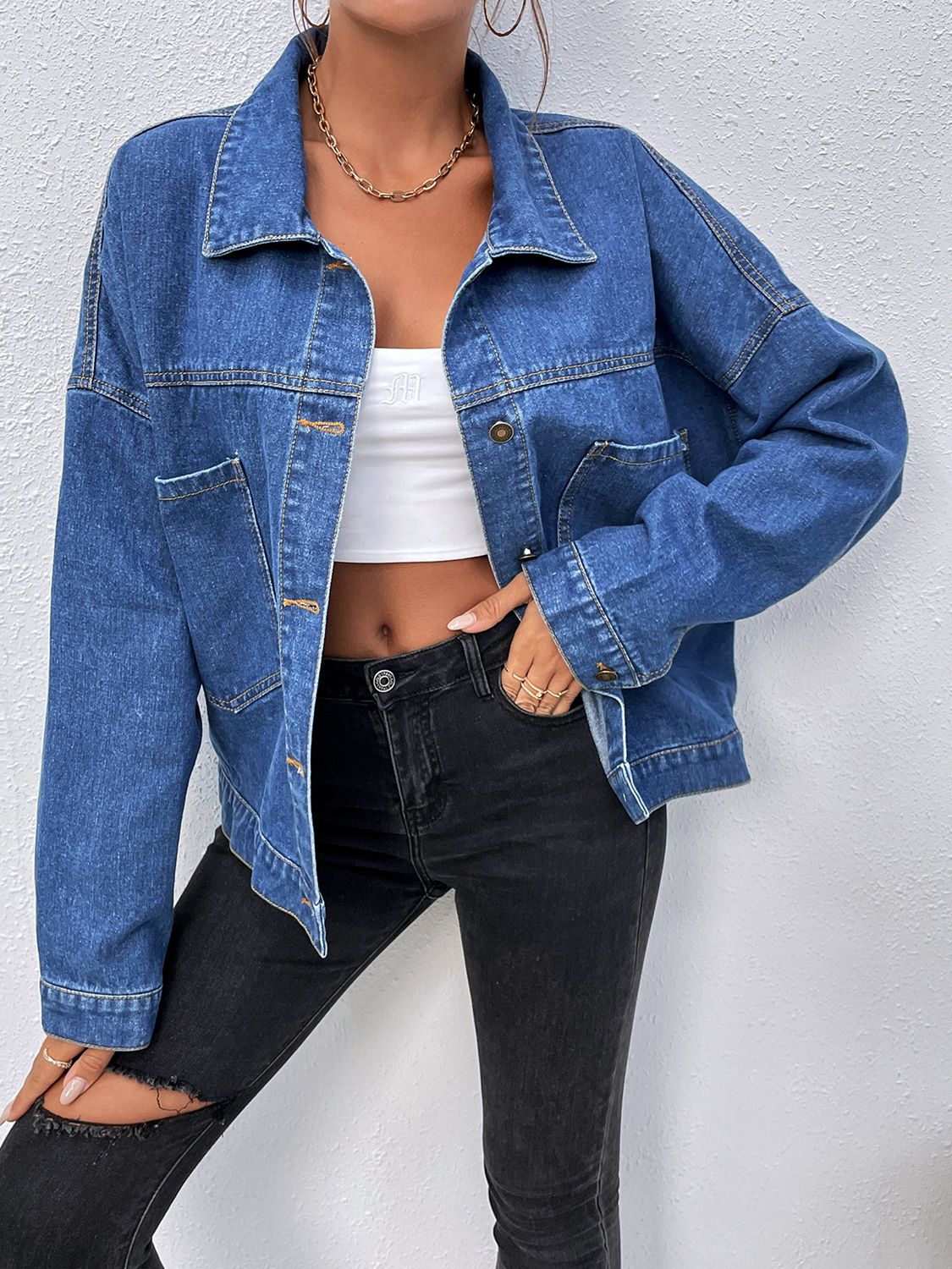 Collared Neck Dropped Shoulder Denim Jacket-Teresa&#39;s Fashionista LLC