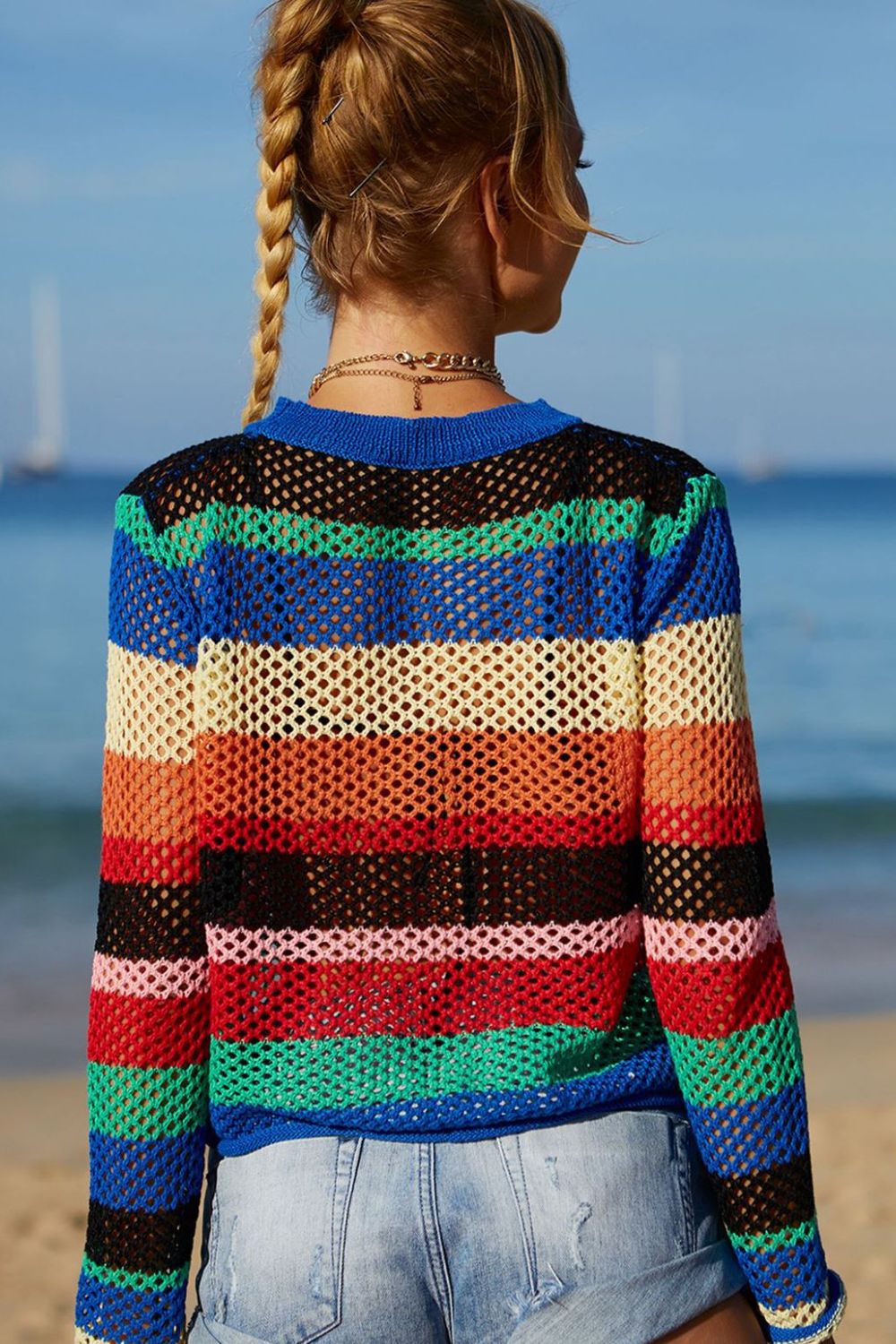 Rainbow Stripe Openwork Long Sleeve Cover-Up-Teresa&#39;s Fashionista LLC