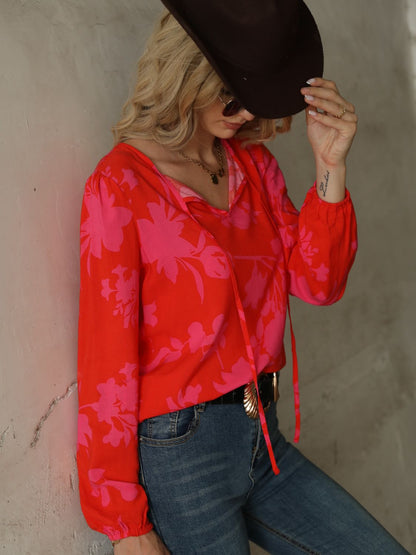 Printed Tie Neck Long Sleeve Blouse-Teresa&#39;s Fashionista LLC