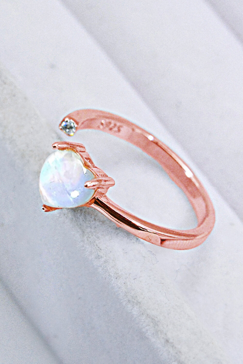 Inlaid Moonstone Heart Adjustable Open Ring-Teresa&#39;s Fashionista LLC