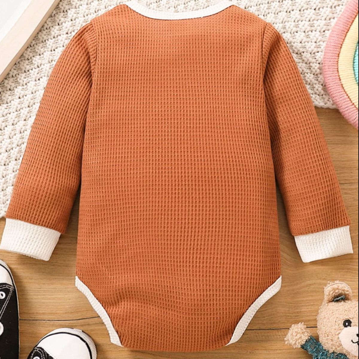 Baby Contrast Trim Waffle-Knit Long Sleeve Bodysuit-Teresa&#39;s Fashionista LLC