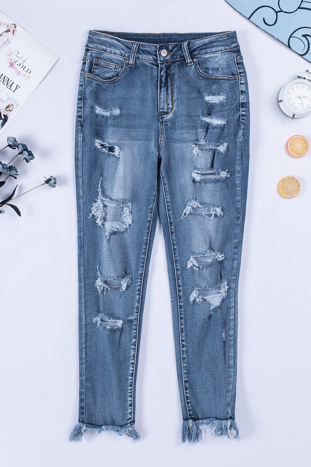 Distressed Frayed Hem Cropped Jeans-Teresa&#39;s Fashionista LLC