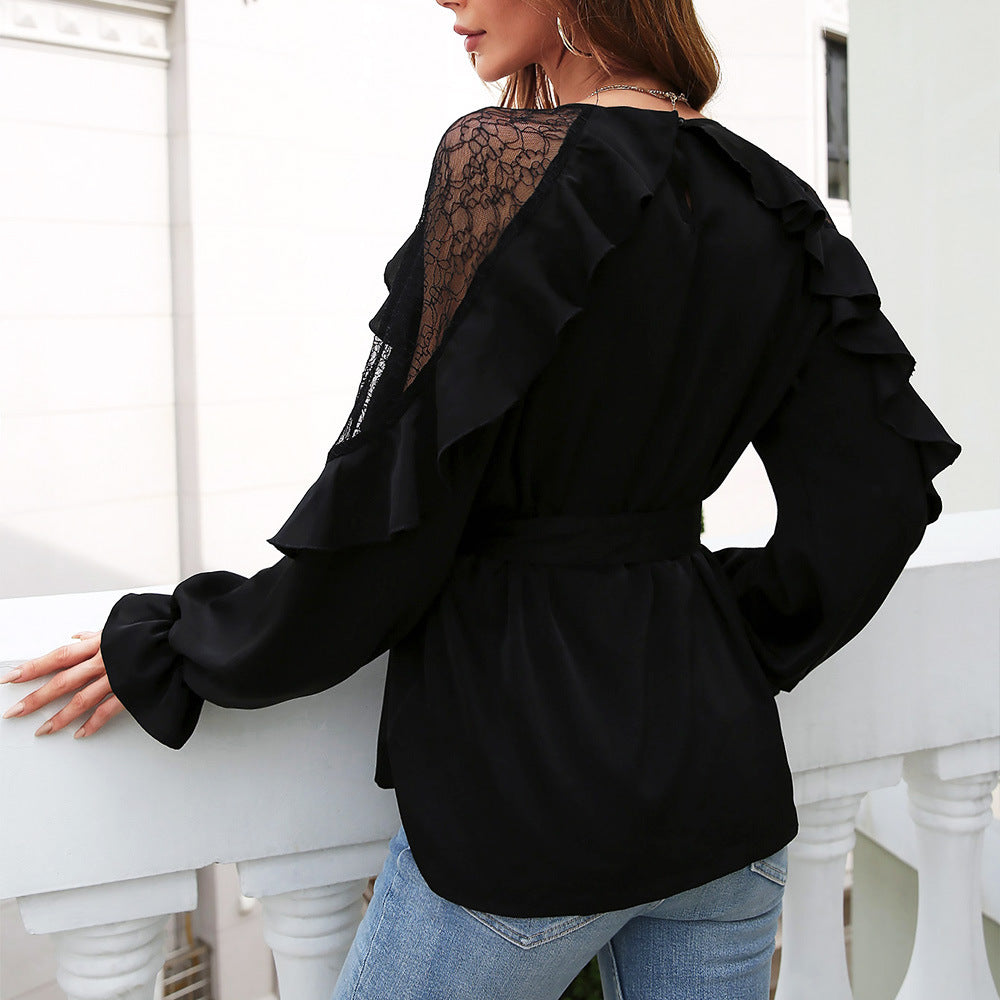 Round Neck Front Tie Flounce Sleeve Lace Cap Blouse-Teresa&#39;s Fashionista LLC