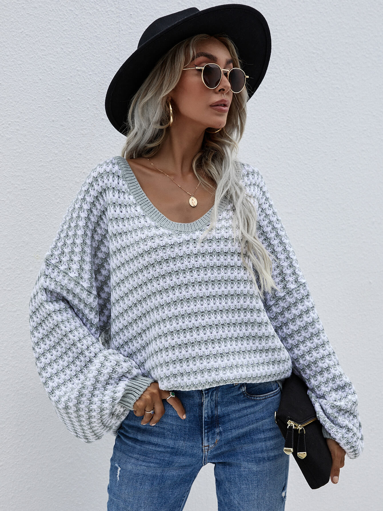 Striped Drop Shoulder V-Neck Pullover Sweater-Teresa&#39;s Fashionista LLC