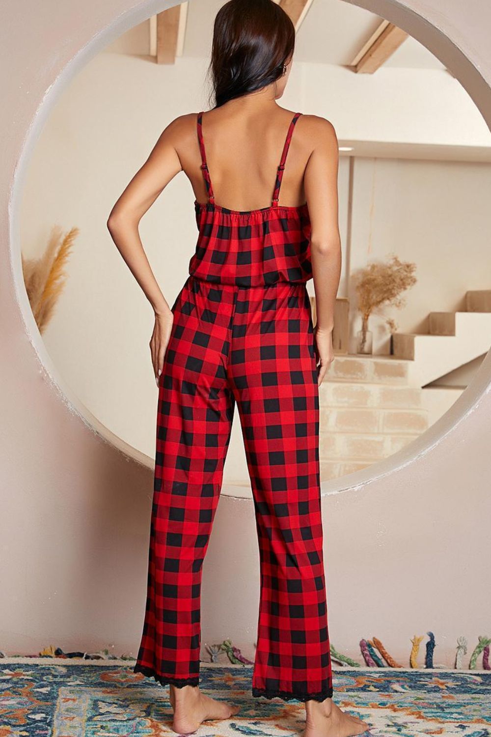 Plaid Lace Trim Spaghetti Strap Jumpsuit-Teresa&#39;s Fashionista LLC